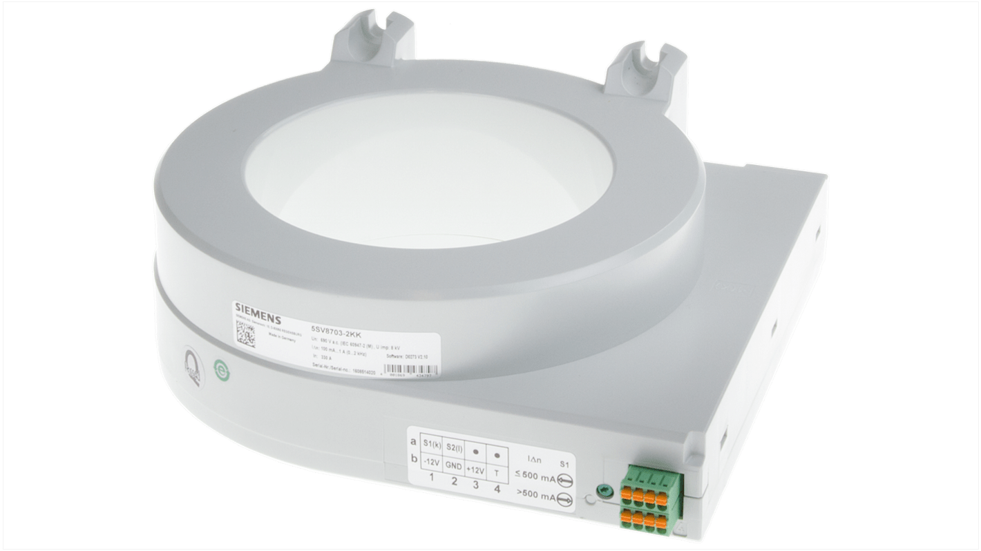 Trasformatore di corrente Siemens 5SV8703-2KK, foro 120mm, design tipo B, IP20, altezza 67mm, larghezza 210mm.