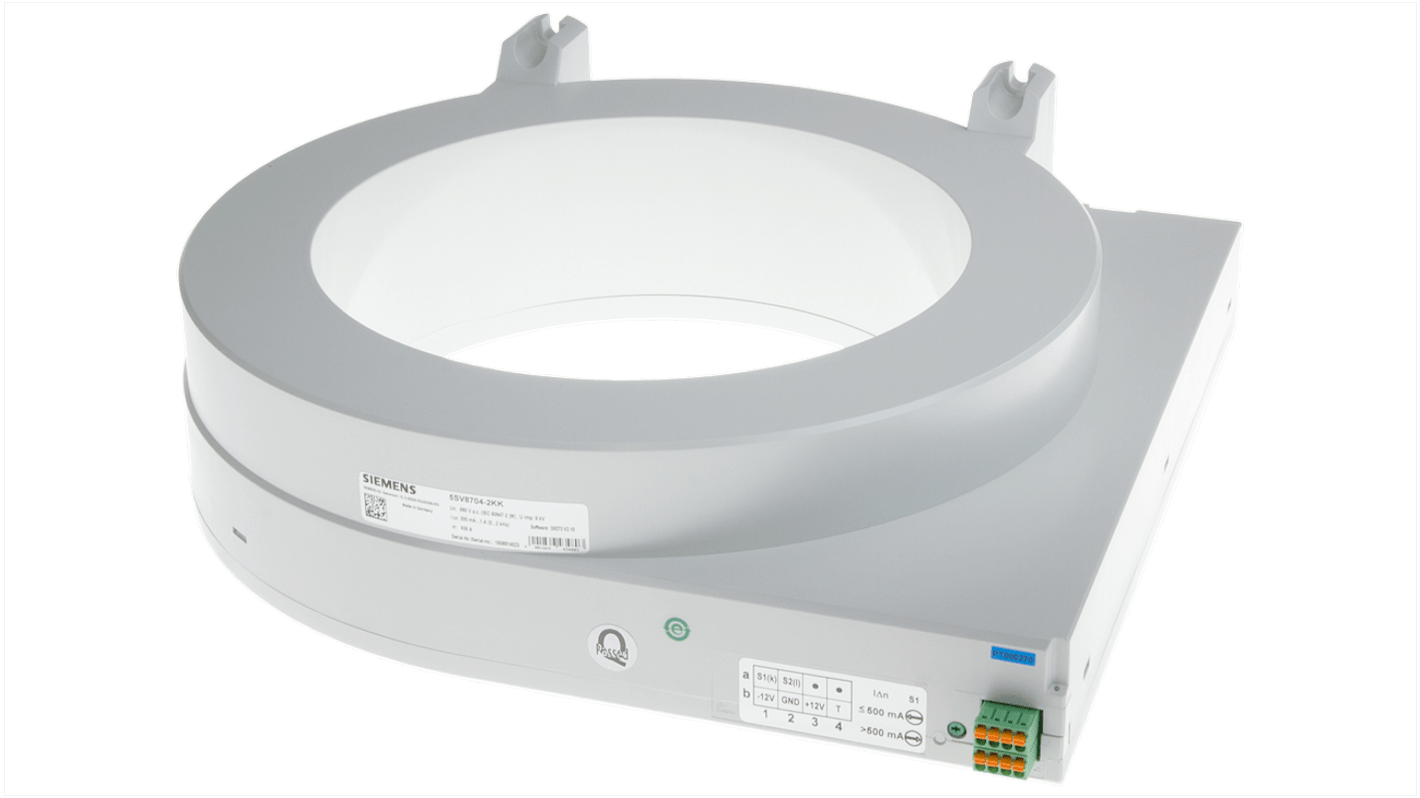 Trasformatore di corrente Siemens 5SV8704-2KK, design tipo B, foro 210 mm, altezza 80 mm, grado di protezione IP20.