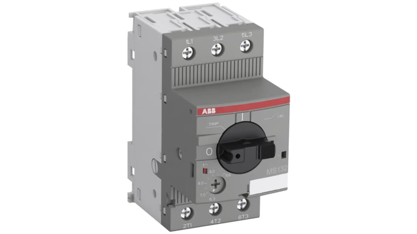 Modulo di controllo ABB 1SAM350000R1003 MS132-0.4A, starter manuale per motori, 400 mA, 690 V, 3 poli, attuatore rotante, larghezza 45 mm.