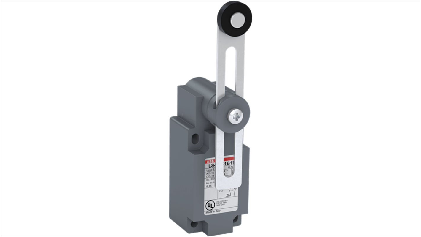 Interruttore di fine corsa ABB, attuatore a rullo, corrente 10A, tensione 600V, grado di protezione IP65, dimensioni 40 mm.