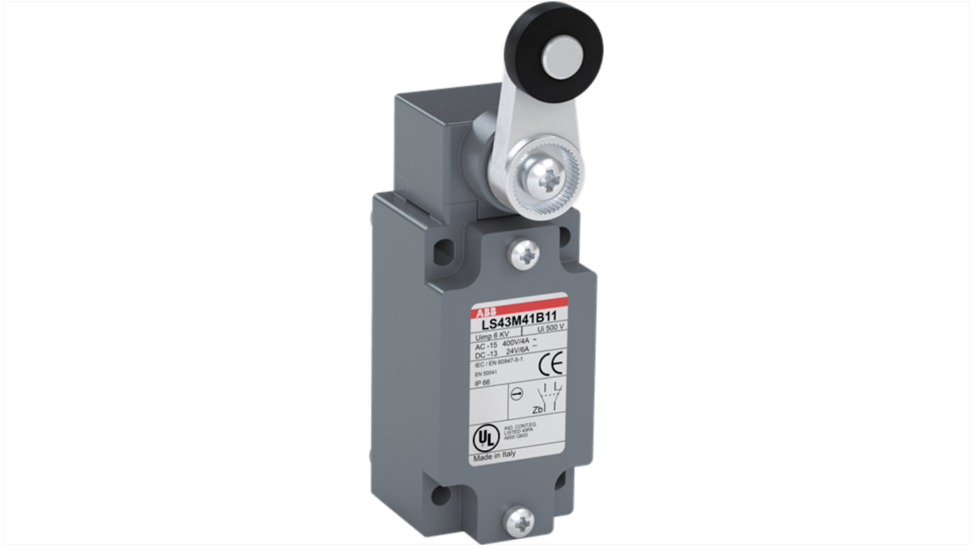 Interruttore di fine corsa ABB, attuatore a rullo, IP66, 10A, 600V, con leva a rotella Ø22 mm e 4 fori di montaggio.