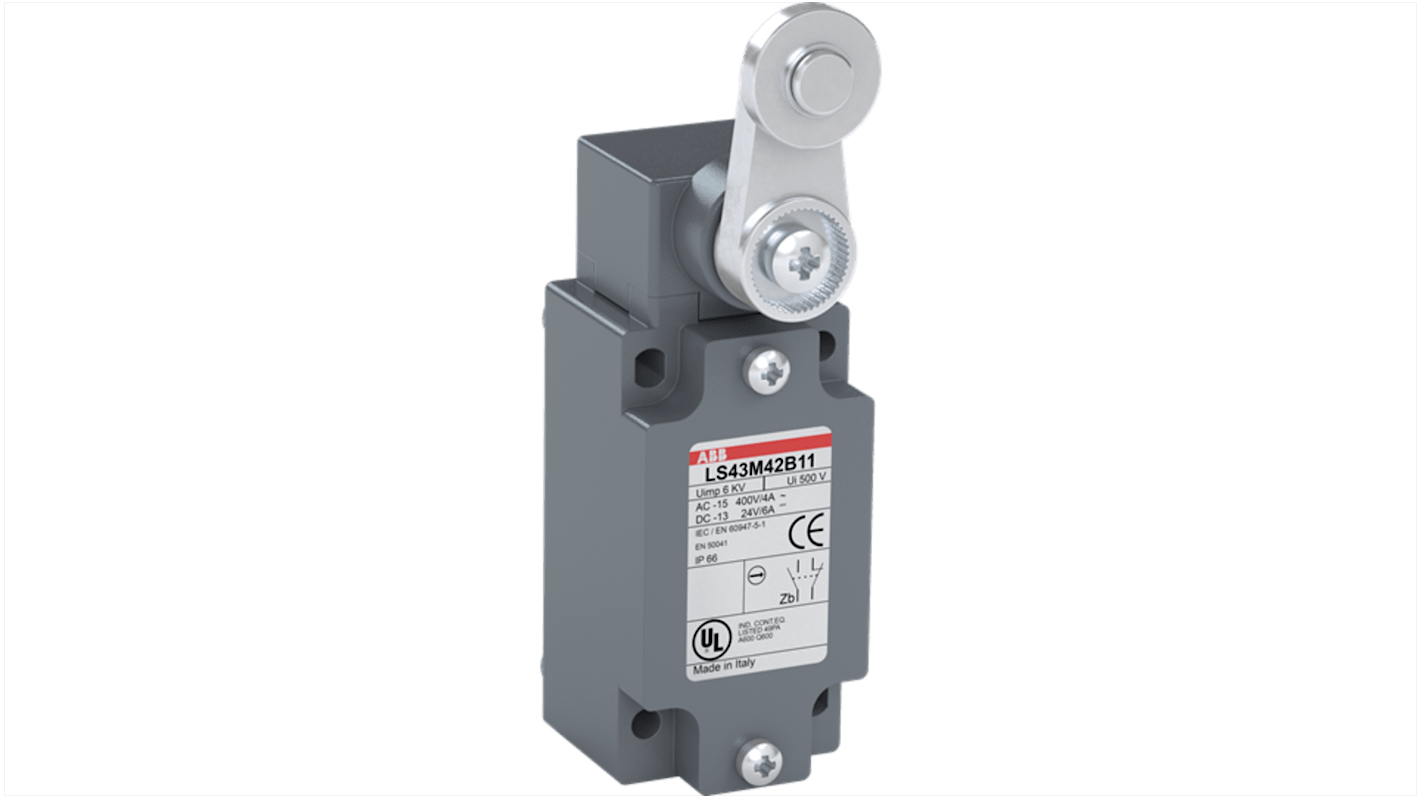 Interruttore di fine corsa ABB, attuatore a rullo con protezione IP66, corrente 10A, tensione 600V, montaggio con 4 fori.