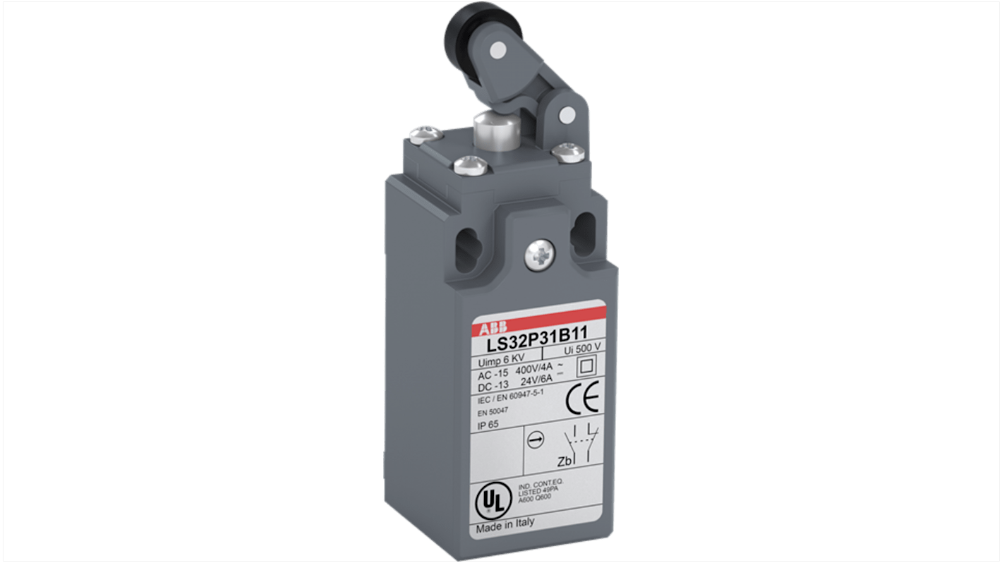 Interruttore di fine corsa ABB, attuatore a pistone, corrente 10A, tensione 600V, grado di protezione IP65, dimensioni 30 mm.