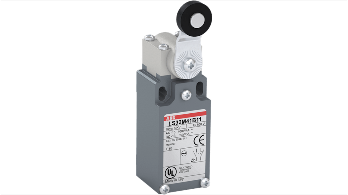 Interruttore di fine corsa ABB, attuatore a rullo, corrente 10A, tensione 600V, grado di protezione IP66, dimensioni 30 mm.