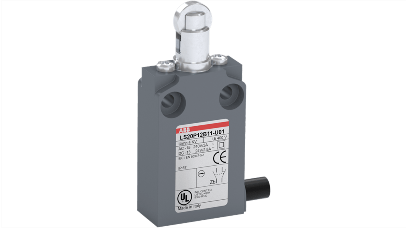 Interruttore di fine corsa ABB, 600V, 10A, IP67, con attuatore a rotella in acciaio e cavo precablato di 1 m. Dimensioni 30 mm, montaggio con 2 fori superiori.