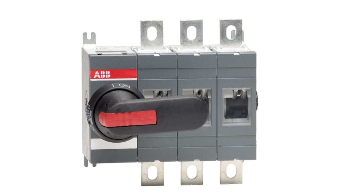 Sezionatore interruttore ABB OT315E03P, 3 poli, corrente 315A, montaggio su base, protezione IP65, maniglia nera inclusa.