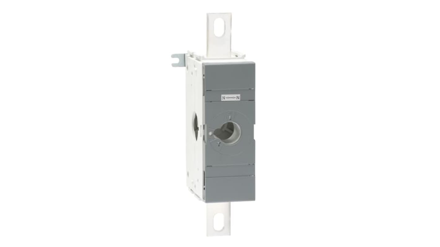 Interruttore commutazione ABB OXN400, con collegamento neutro rimovibile e montaggio su piastra. Dimensioni: 75x250x120 mm.
