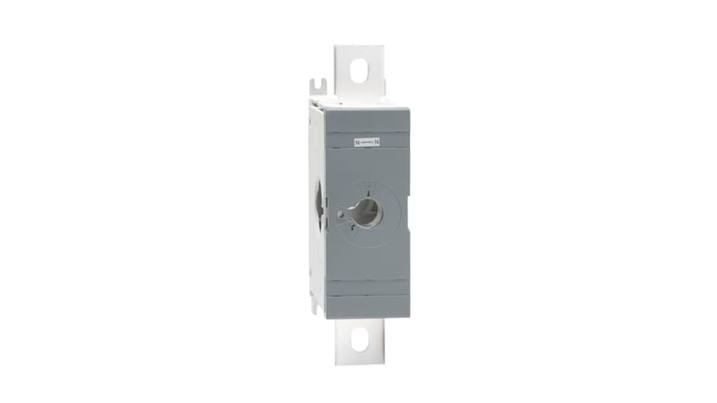 Sezionatore con interruttore ABB OXN800T, larghezza 75 mm, altezza 250 mm, lunghezza 120 mm, morsetto neutro rimovibile.