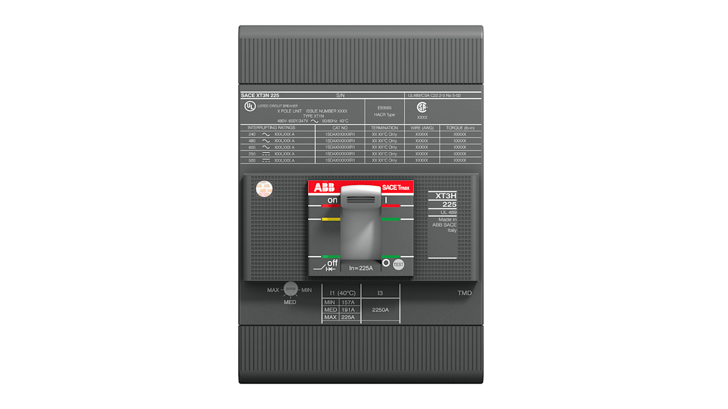 Interruttore automatico MCCB ABB, 150A, 3 poli, montaggio fisso, dimensioni 70mm x 105mm x 150mm, certificato UL/CSA.