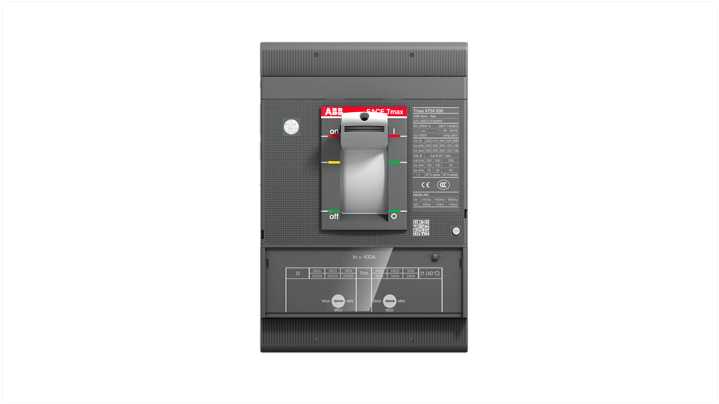 Interruttore automatico MCCB ABB 400A, tre poli fissi, montaggio fisso, rilascio termomagnetico, serie SACE Tmax XT.