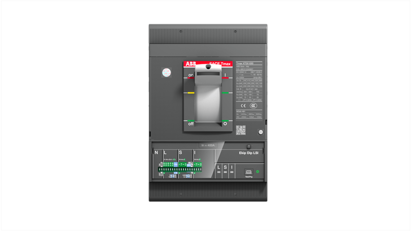 Interruttore automatico MCCB ABB 1SDA100354R1 XT5N 400, 400A, tre poli fissi, montaggio fisso, connettività integrata.