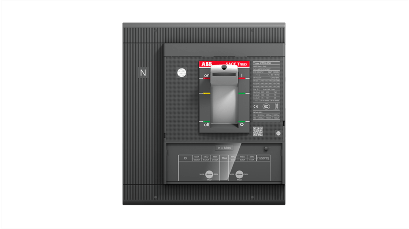 Interruttore automatico MCCB ABB 1SDA100385R1 XT5N400, 4 poli, corrente nominale 400A, montaggio fisso, rilascio termomagnetico.