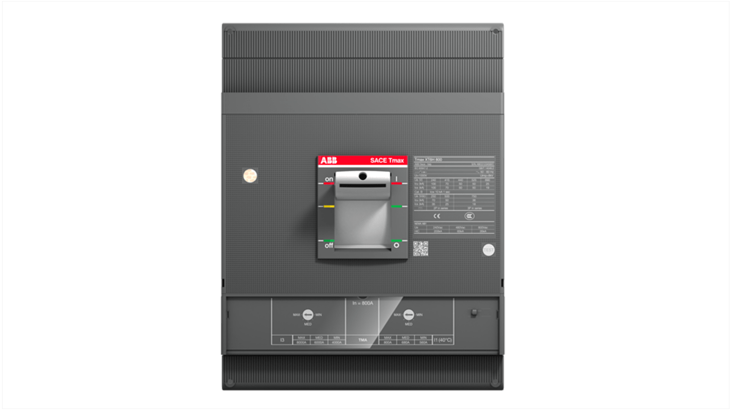 Interruttore automatico ABB XT6N 800 TMA, 800 A, 3 poli, montaggio fisso, progettato per alta selettività e rilevamento guasti.