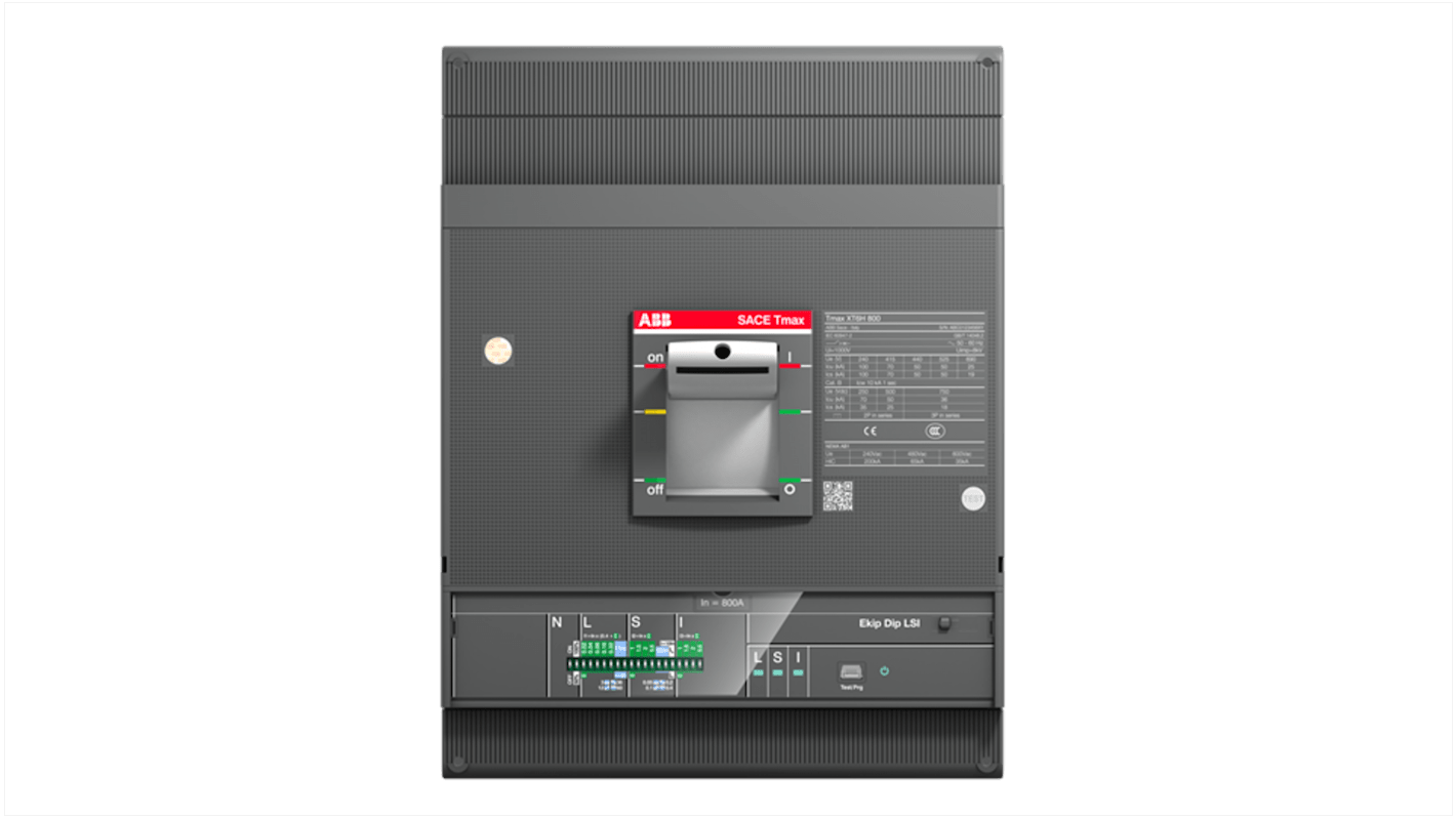 Interruttore automatico MCCB fisso ABB XT6S 800, 3 poli, corrente nominale 800 A, progettato per resistenza e connettività.