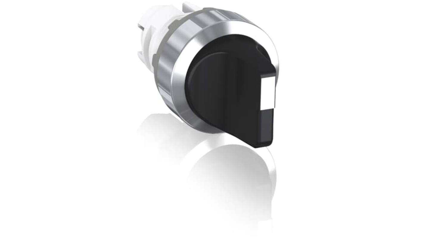 Selettore ABB M2SS2 a 2 posizioni, impugnatura corta, plastica cromata nera, grado di protezione IP66.