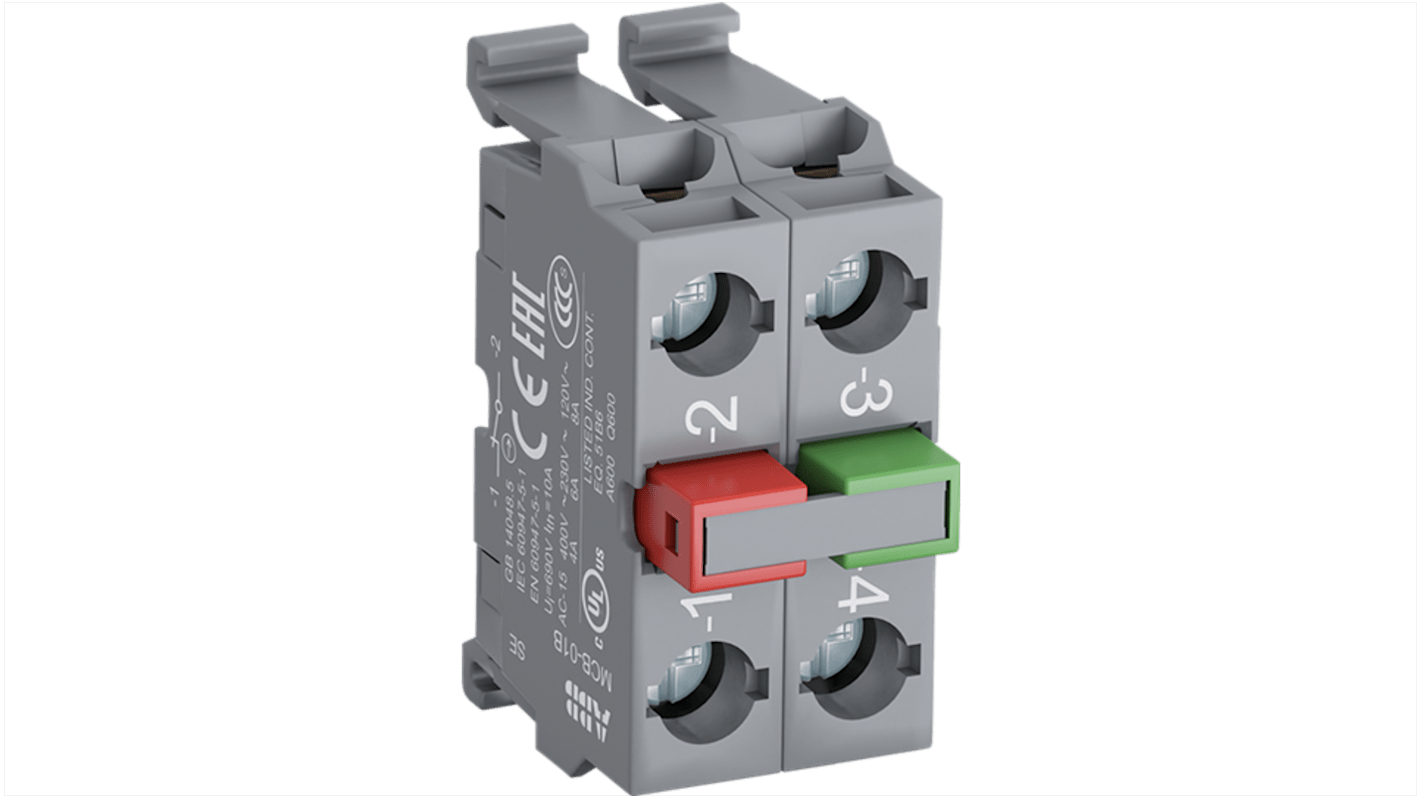 Blocco contatti ABB MCB-11B, 1 N/A + 1 N/C, tensione 690V, montaggio a vite, compatibile con MP1-4 e MPD. Codice 1SFA611610R2011.