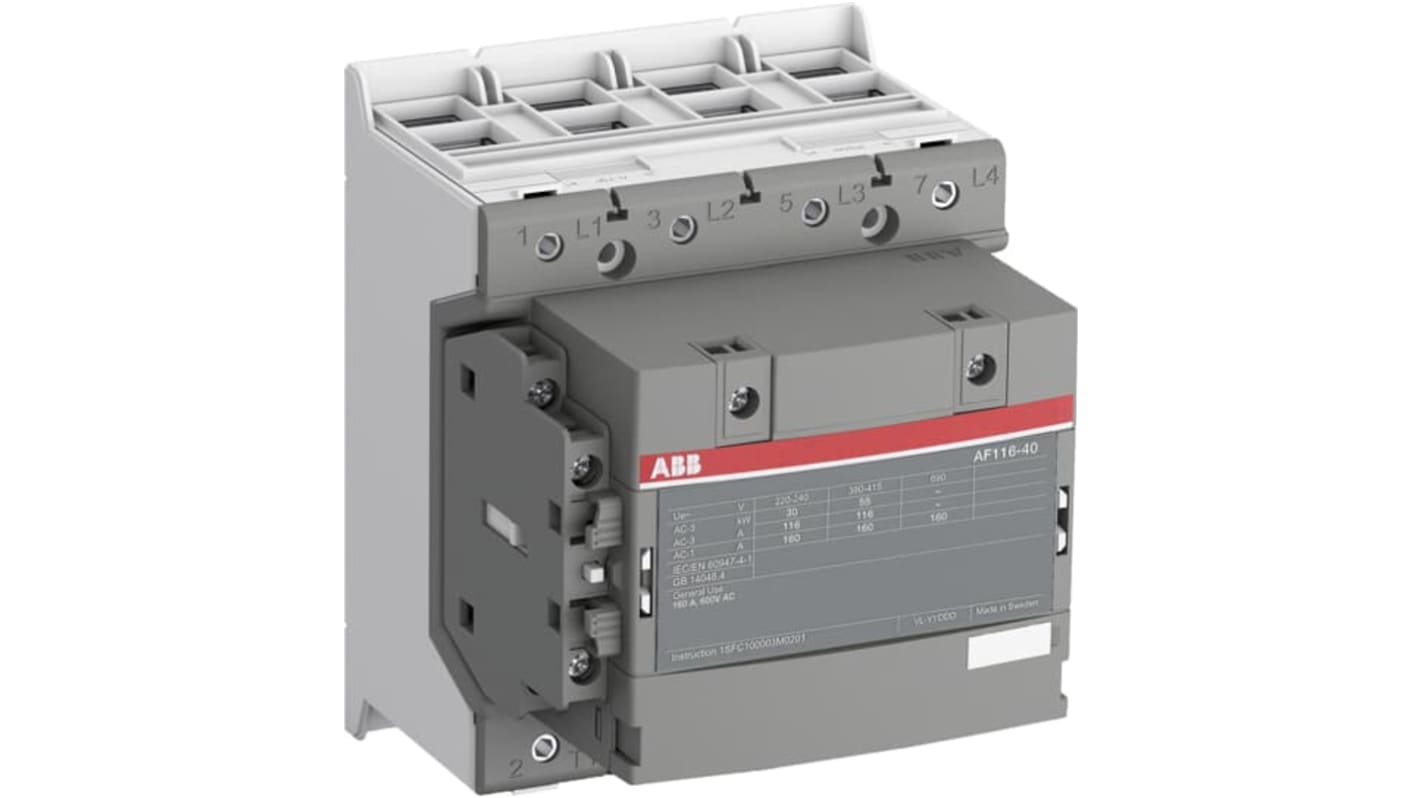 Contattore ABB 1SFL427101R1311 AF116-40-11-13, 4 poli, 160 A, 55 kW, bobina 250 V, design a blocco con protezione sovratensioni.