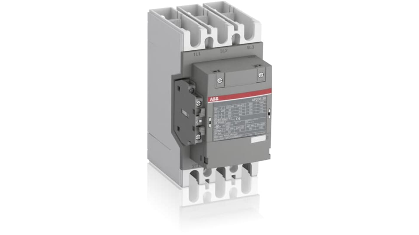 Contattore ABB 1SFL527002R1411 AF205-30-11-14, 3 poli, 3 contatti NA, 275 A, 500 V, design a blocco, protezione sovratensioni.