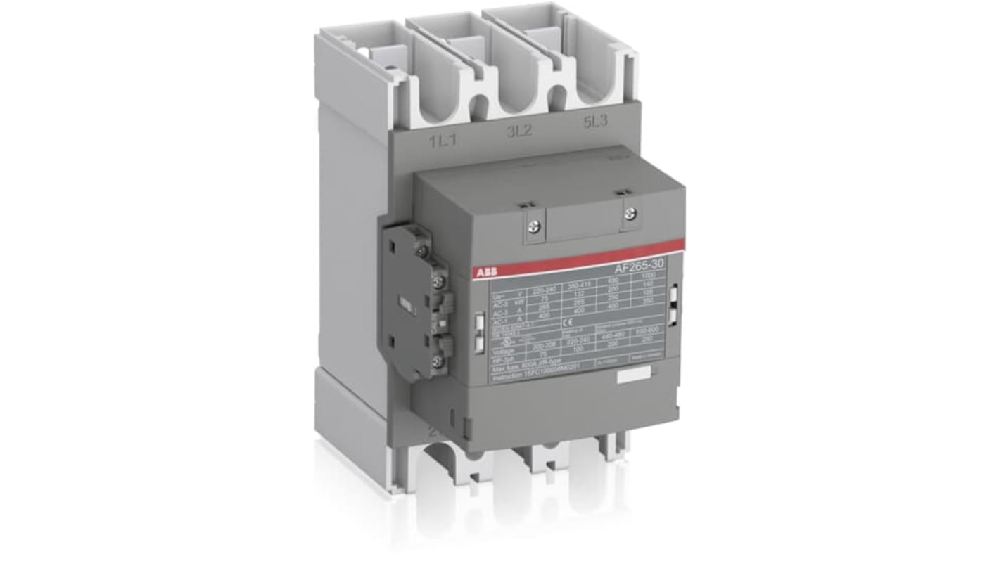 Contattore ABB 1SFL547002R1411 AF265-30-11-14, 3 poli, 3 contatti NA, 350 A, 500 V, design a blocco, sovratensioni protette.