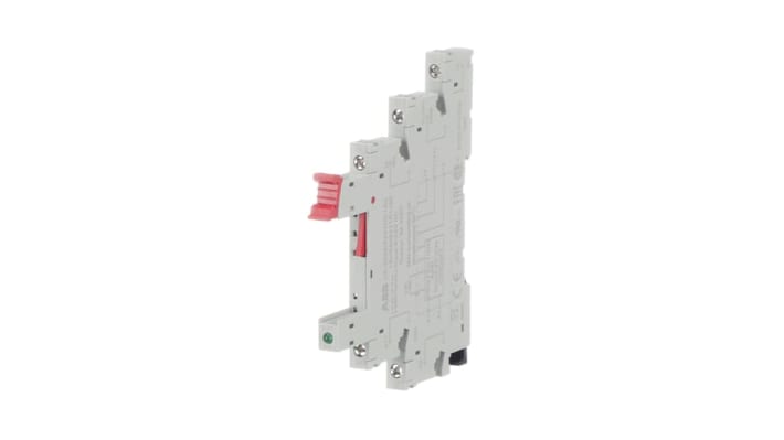 Zoccolo relè ABB CR-S, contatto singolo, tensione 12-24 V CC, montaggio su guida DIN, dimensioni 88,5 x 76,4 x 6,3 mm.