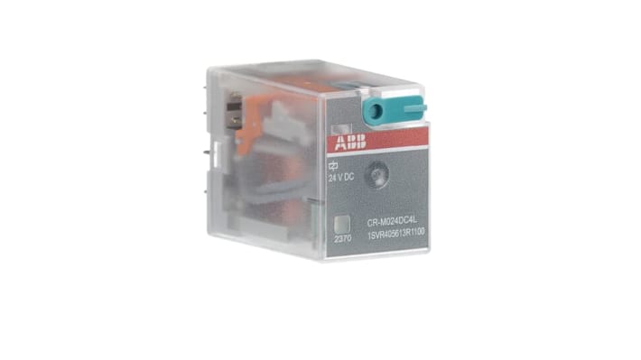 Relè d'interfaccia ABB CR-M024DC4L, 4 contatti SPDT, montaggio su guida DIN, 24V cc, dimensioni 35.6 x 27.5 x 21.2 mm.