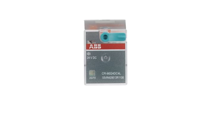 Relè d'interfaccia ABB CR-M024DC4L, 4 contatti SPDT, montaggio su guida DIN, 24V cc, dimensioni 35.6 x 27.5 x 21.2 mm.