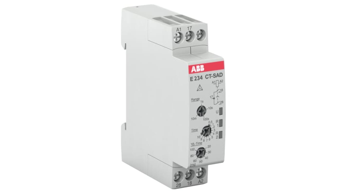 Relè timer ABB CT-SAD, 2 contatti DPST, montaggio su guida DIN, tensione 24-240V, gamma temporizzazione 0.05-600s.