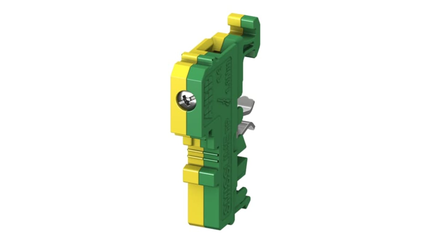 Terminale PE ABB ZLS919, giallo-verde, per alimentazione e conduttori in uscita, con supporti per etichette.
