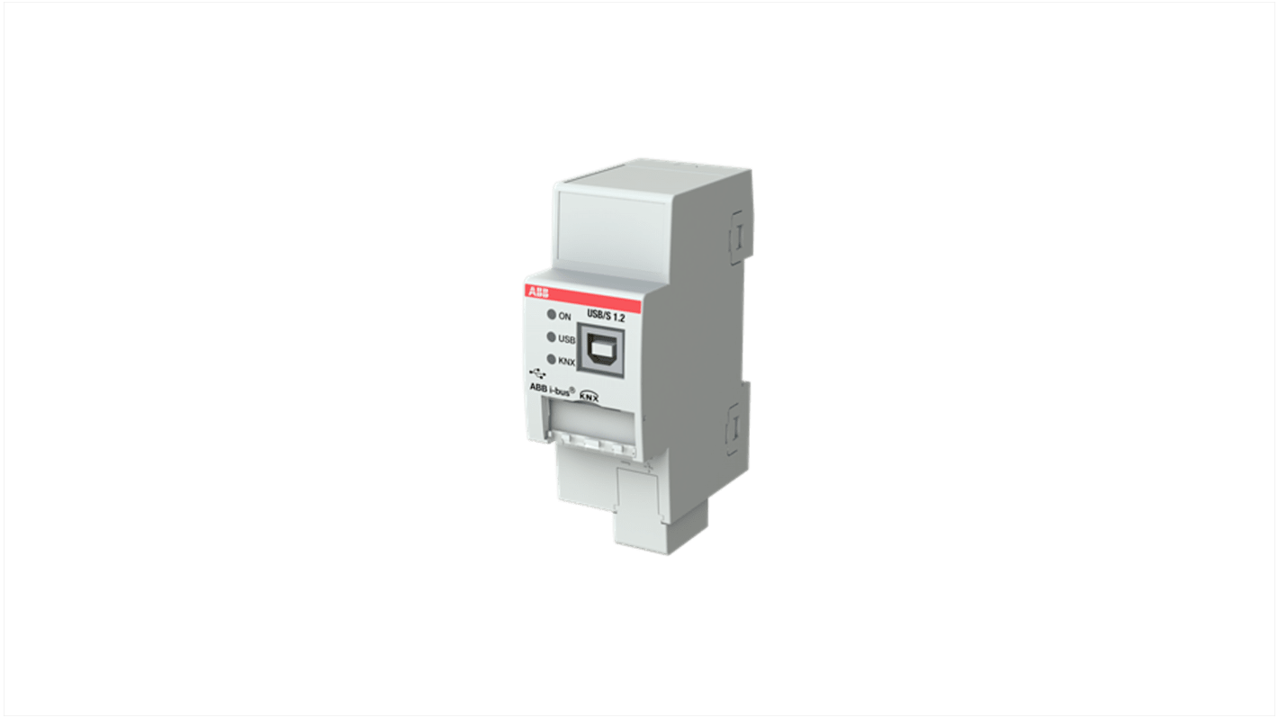 Modulo di interfaccia KNX ABB 2CDG110243R0011 con USB, isolamento elettrico e LED per stato operativo.