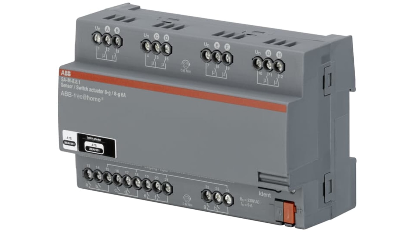 Modulo I/O ABB 2CDG510007R0011 per sistema KNX, otto ingressi e uscite, montaggio su guida, cablaggio con terminali a vite.