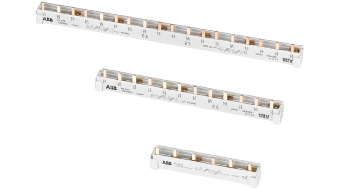 Barra di distribuzione bifase ABB, 48 pin, compatibile con serie S200, tensione 400V, colore grigio chiaro.
