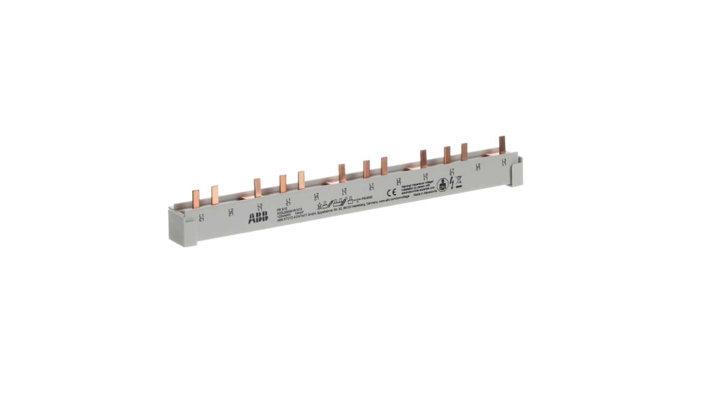 Barra di distribuzione trifase ABB PS3, 400V, 63A, design compatto per installazione rapida in automazione industriale.