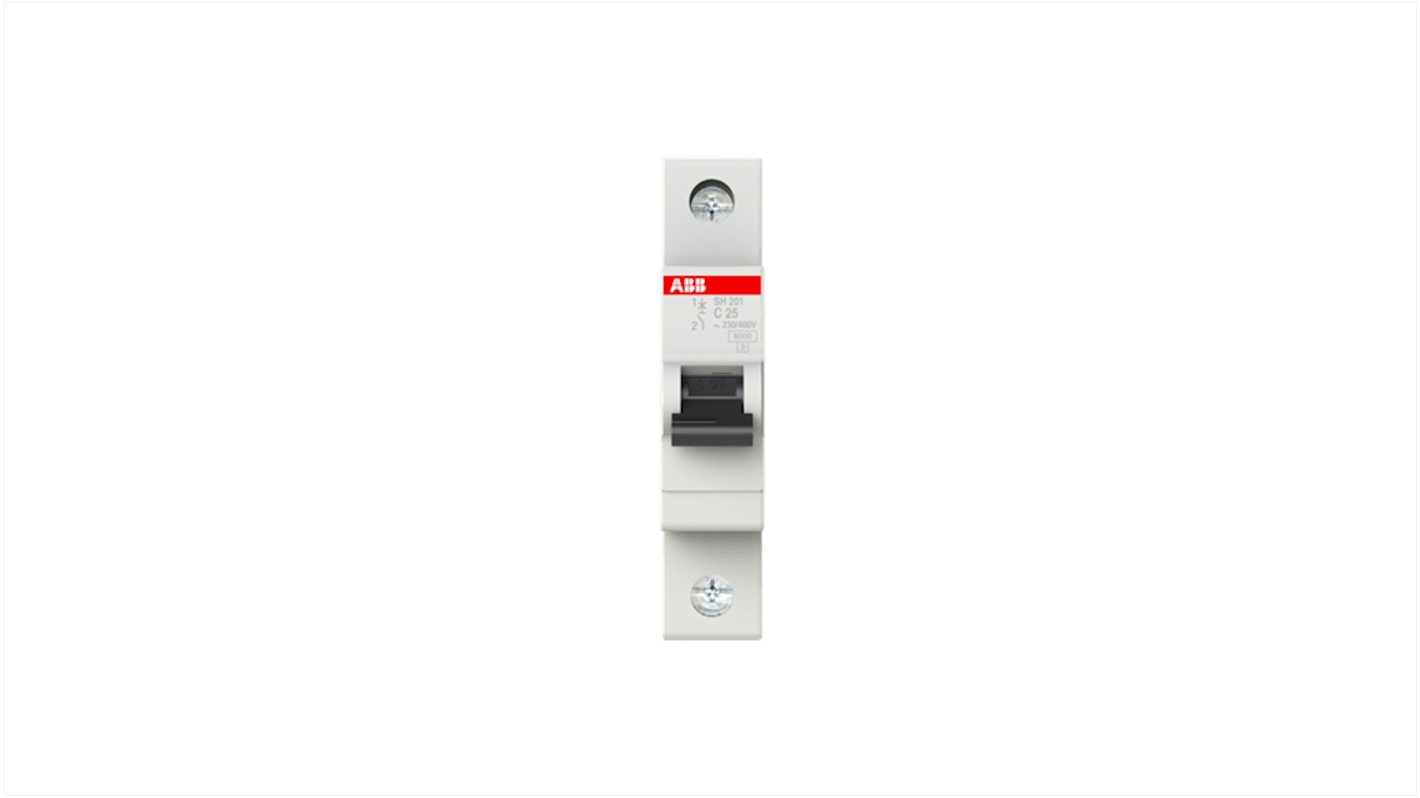 Interruttore magnetotermico ABB SH201-C 25A, 1P, Tipo C, montaggio su guida DIN, grado di protezione IP20, per applicazioni industriali.