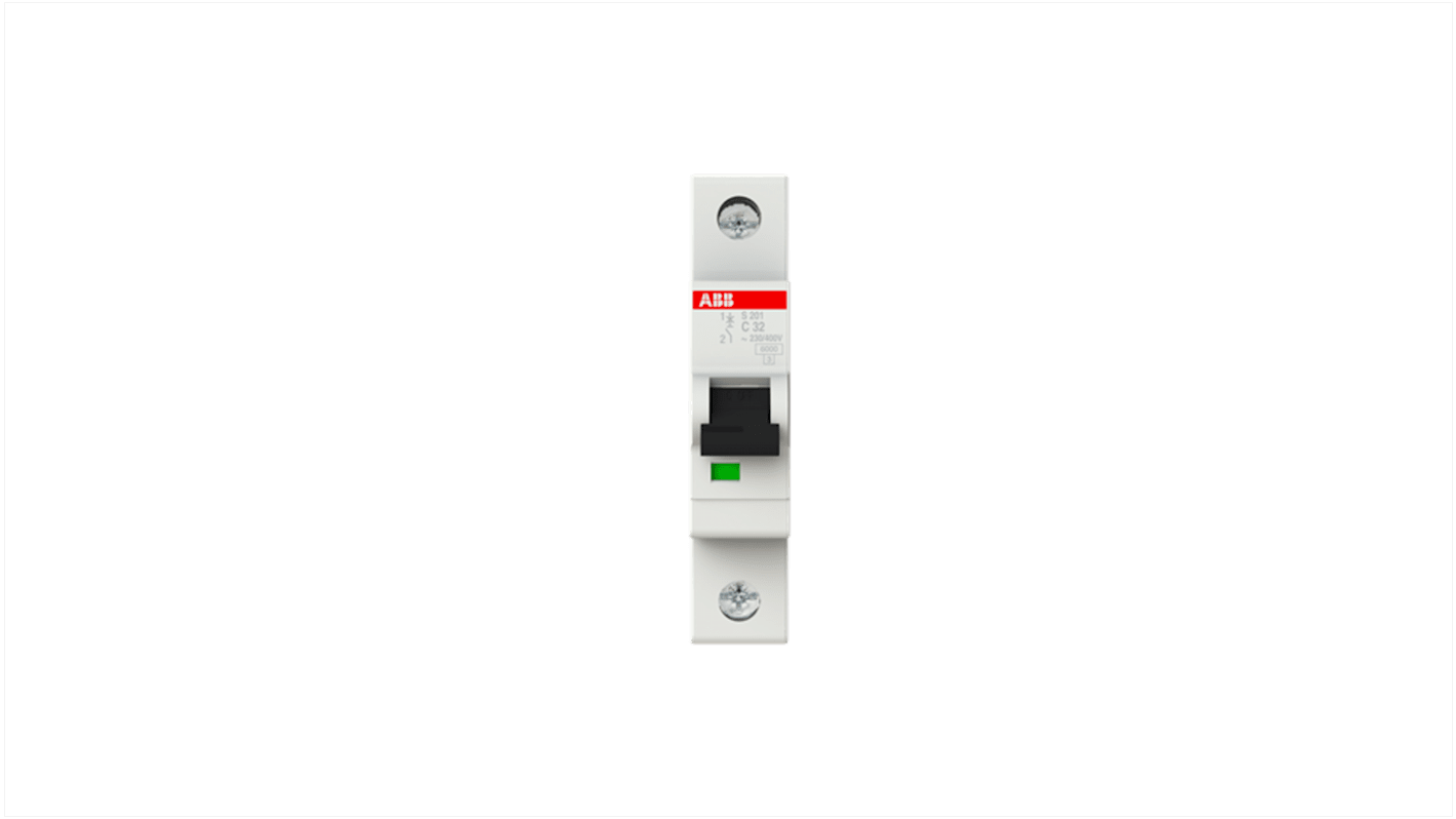 Interruttore magnetotermico ABB 1P 32A Tipo C, montaggio su guida DIN, grado di protezione IP20, per applicazioni industriali.