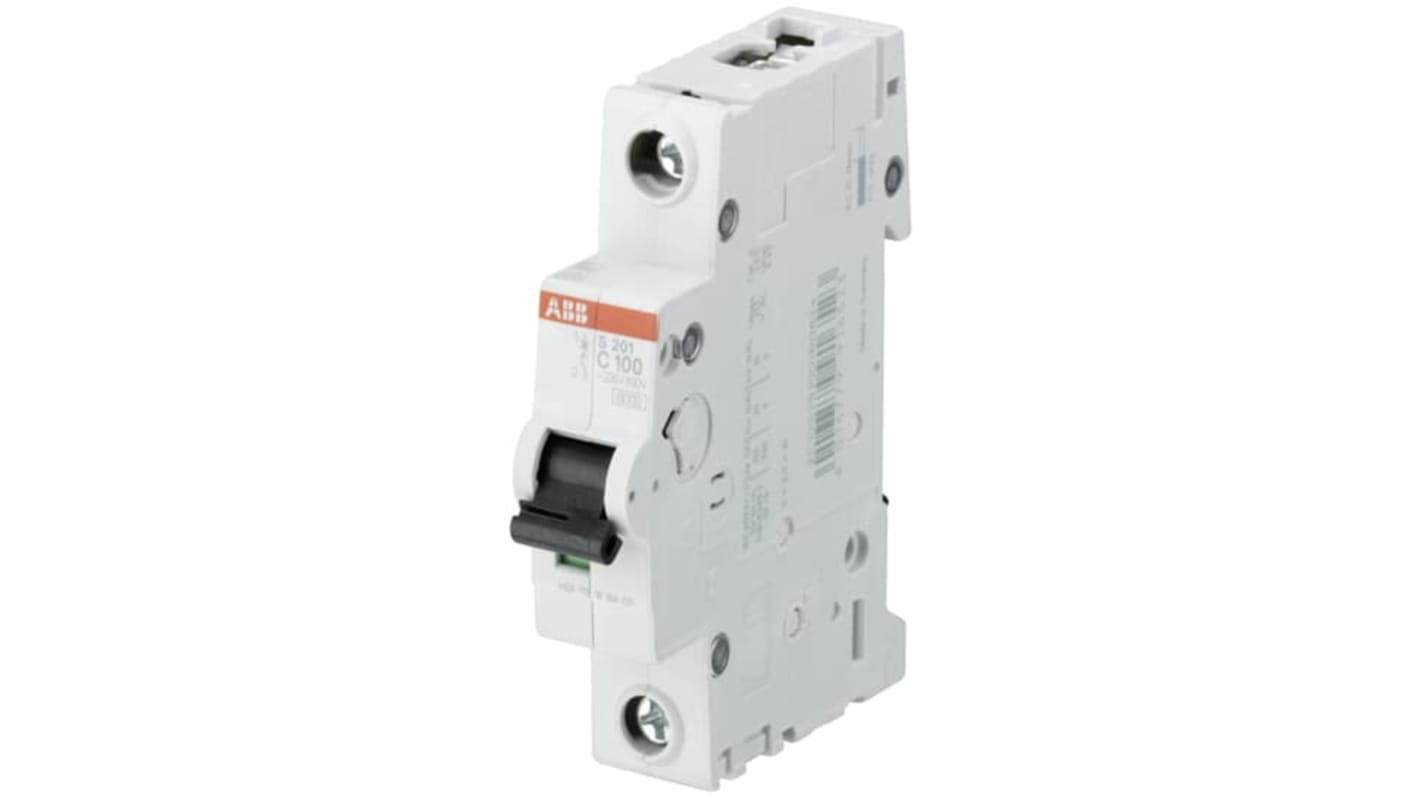 Interruttore magnetotermico ABB S201-C100, 1P 100A, Tipo C, montaggio su guida DIN, protezione IP20, per applicazioni industriali.