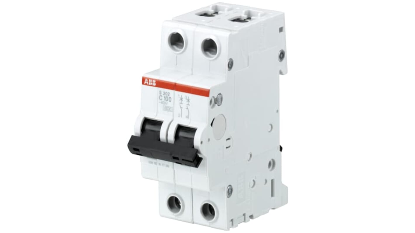 Interruttore magnetotermico ABB 2P 100A, Tipo C, montaggio su guida DIN, dimensioni 69mm x 35mm x 88mm, grado di protezione IP20.