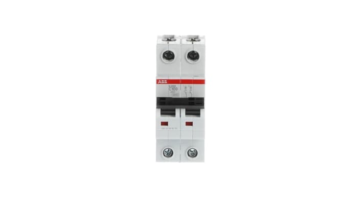 Interruttore magnetotermico ABB 2P 100A, Tipo C, montaggio su guida DIN, dimensioni 69mm x 35mm x 88mm, grado di protezione IP20.