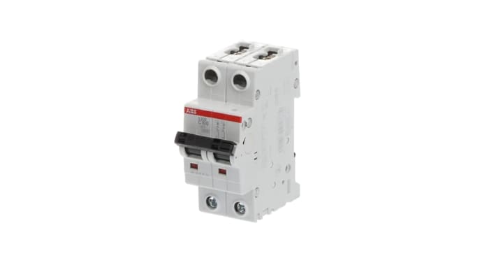 Interruttore magnetotermico ABB 2P 100A, Tipo C, montaggio su guida DIN, dimensioni 69mm x 35mm x 88mm, grado di protezione IP20.