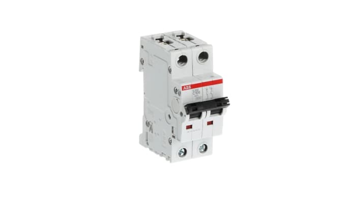 Interruttore magnetotermico ABB 2P 100A, Tipo C, montaggio su guida DIN, dimensioni 69mm x 35mm x 88mm, grado di protezione IP20.