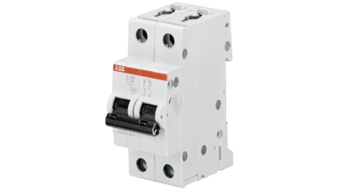 Interruttore magnetotermico ABB S202 C 0.5A, 2 poli, protezione contro sovraccarichi, montaggio su guida DIN, grado di protezione IP20.