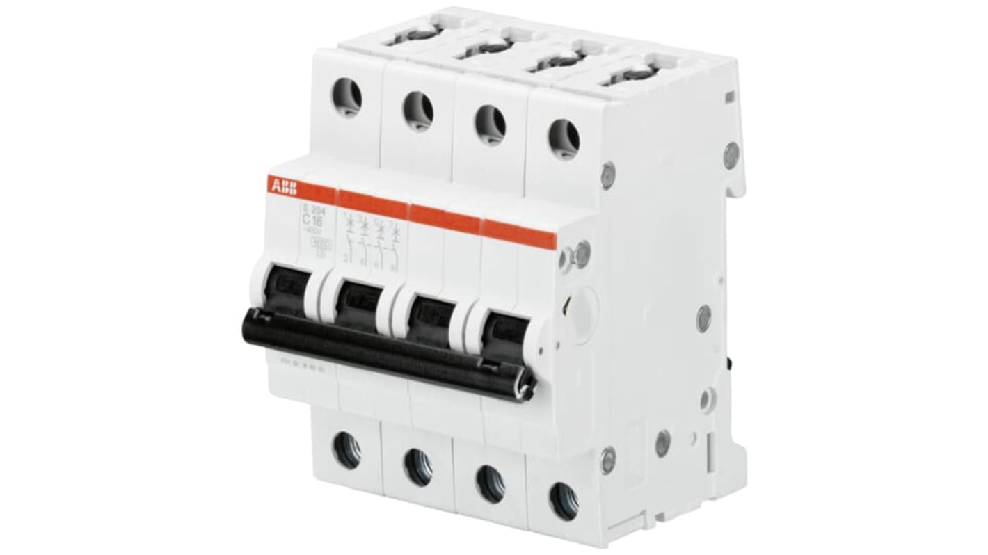 Interruttore magnetotermico ABB S204 C 2A, 4 poli, montaggio su guida DIN, protezione IP20, intervento ritardato per sovraccarichi.