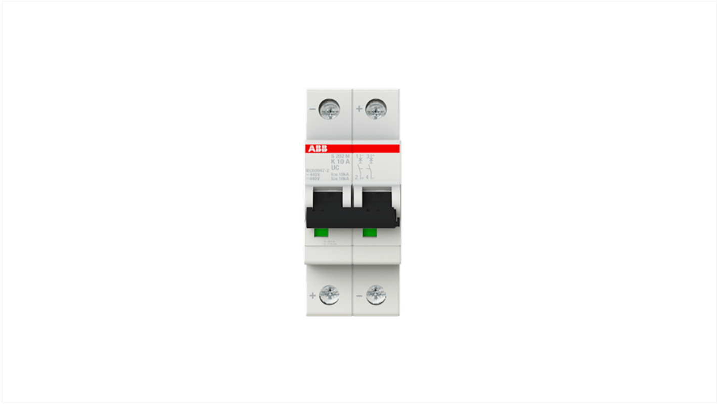 Interruttore magnetotermico ABB 2P, 10A, Tipo K, montaggio su guida DIN, grado di protezione IP20, conforme a standard internazionali.
