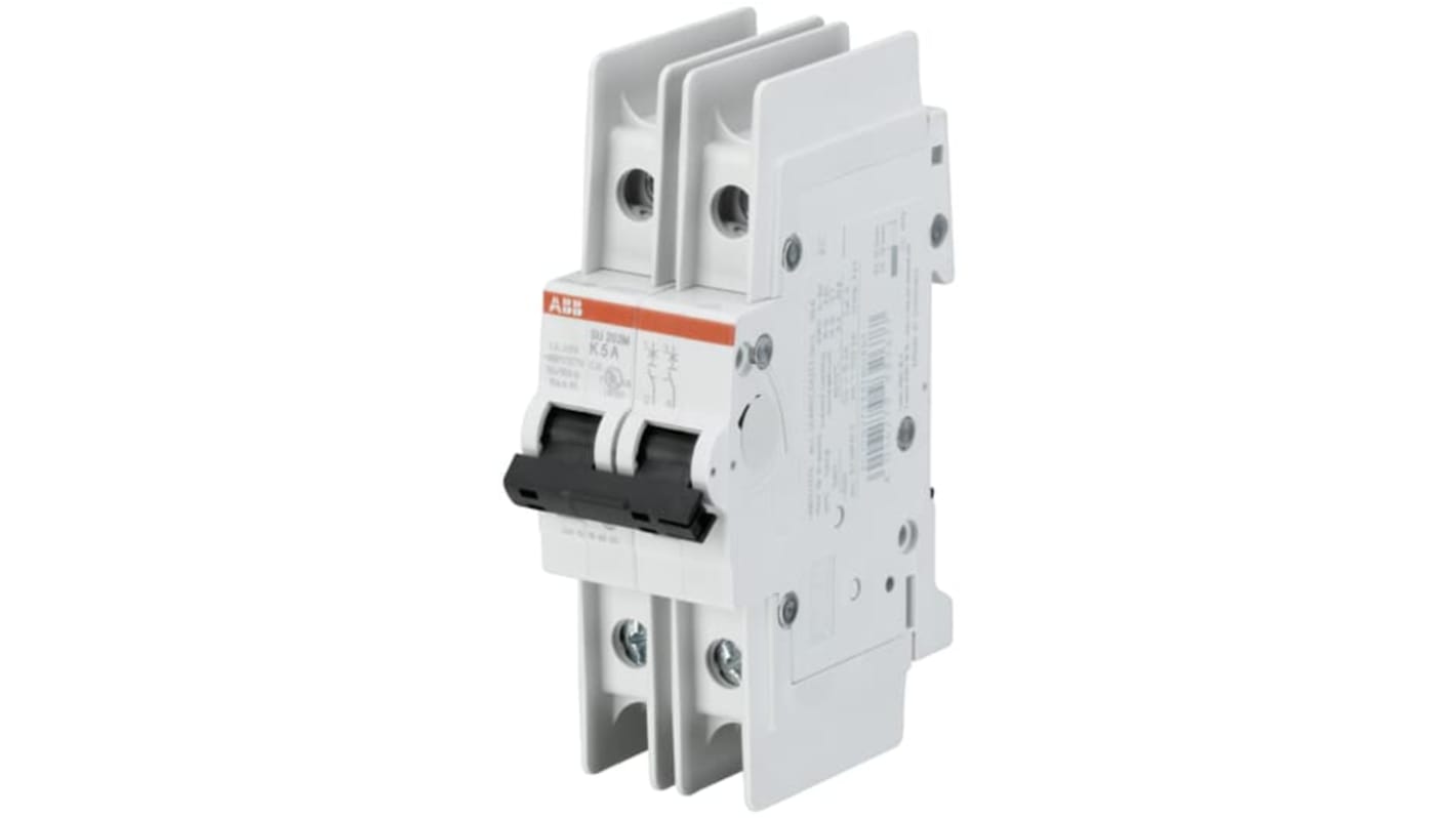 Interruttore magnetotermico ABB SU202M-K10, 2 poli, 10A, montaggio su guida DIN, grado di protezione IP20, capacità di interruzione 15 kA.
