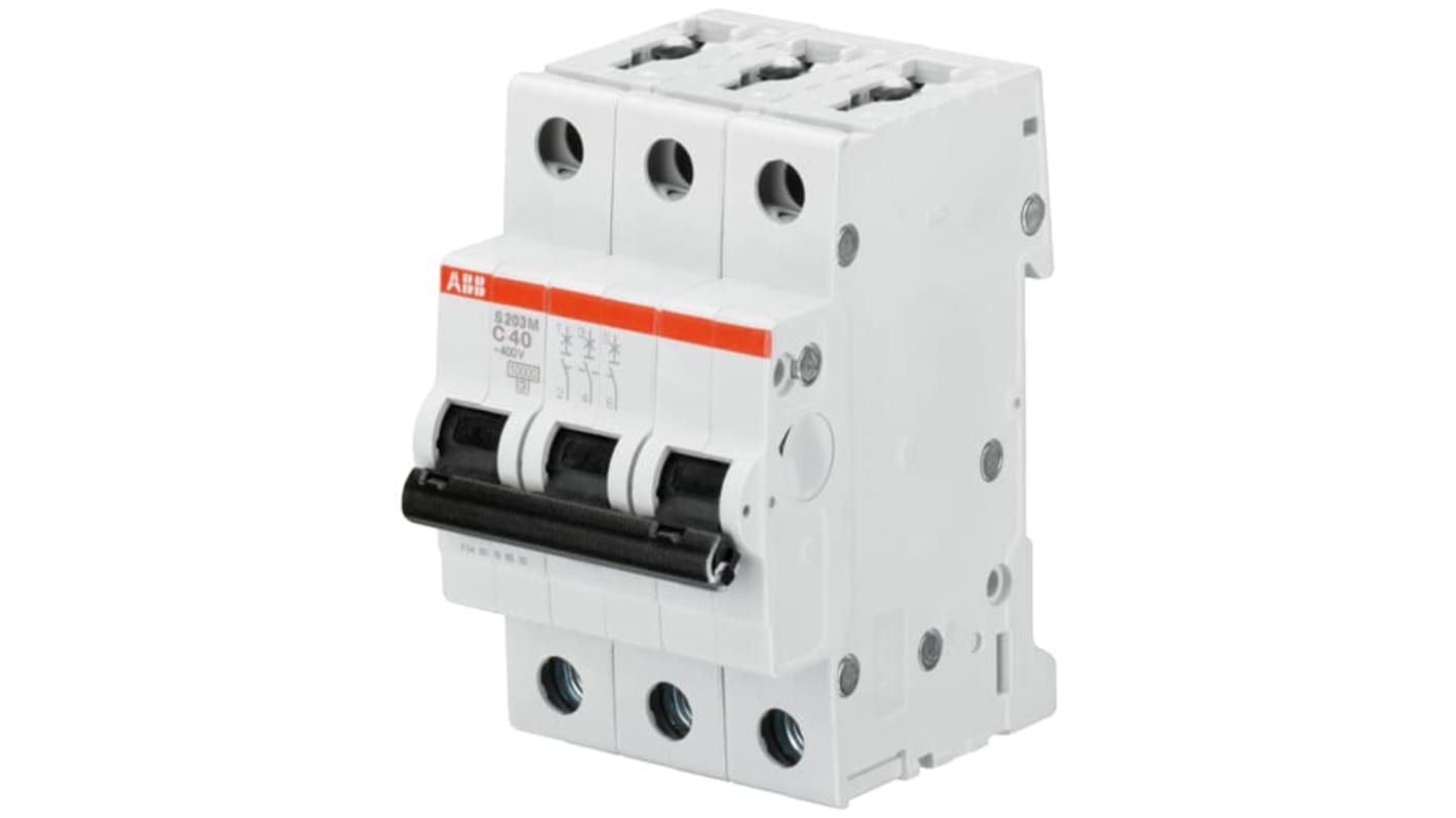Interruttore magnetotermico ABB S203M D 2A, 3 poli, montaggio su guida DIN, grado di protezione IP20, per applicazioni industriali.