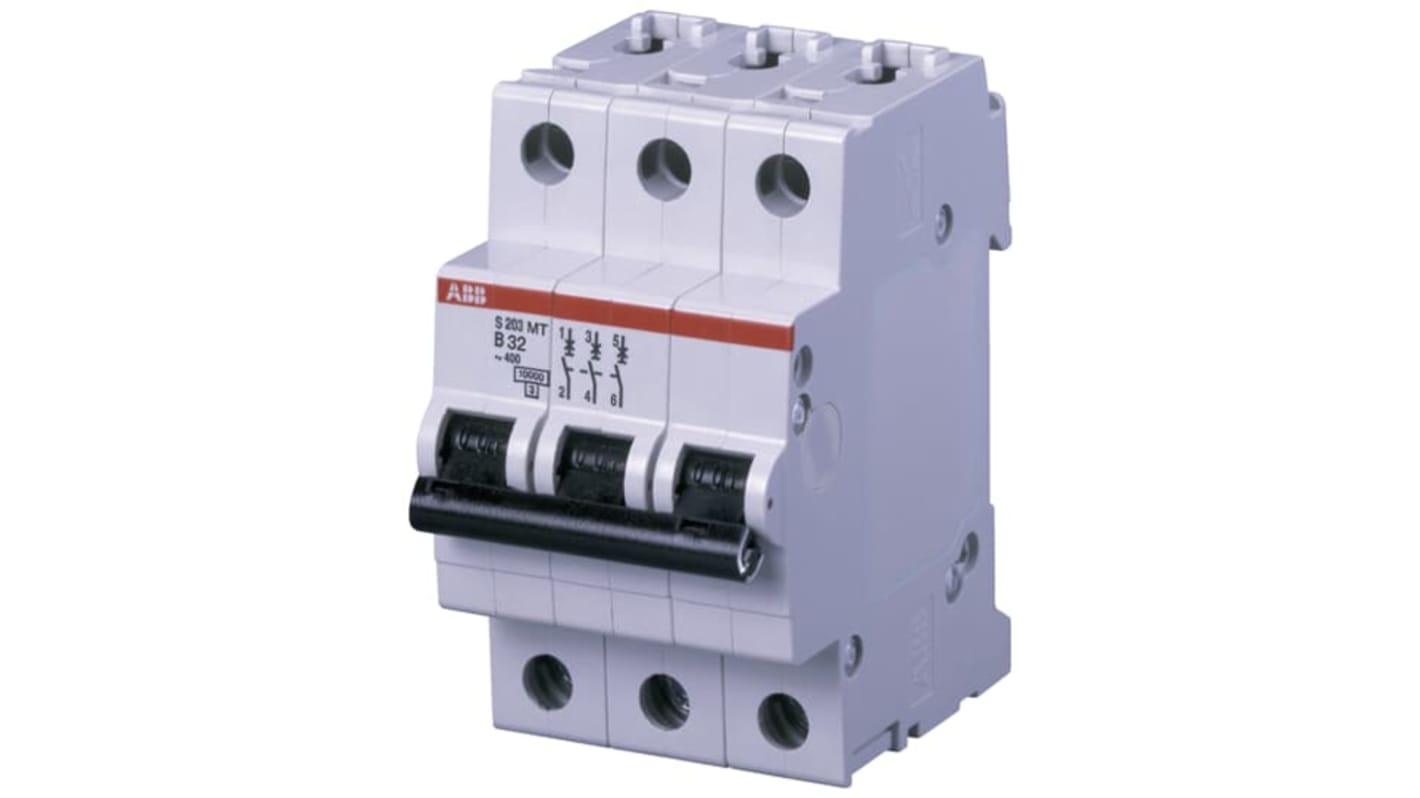 Interruttore magnetotermico ABB S203MT-C16, 3 poli, 16A, montaggio su guida DIN, protezione IP20, intervento Tipo C.