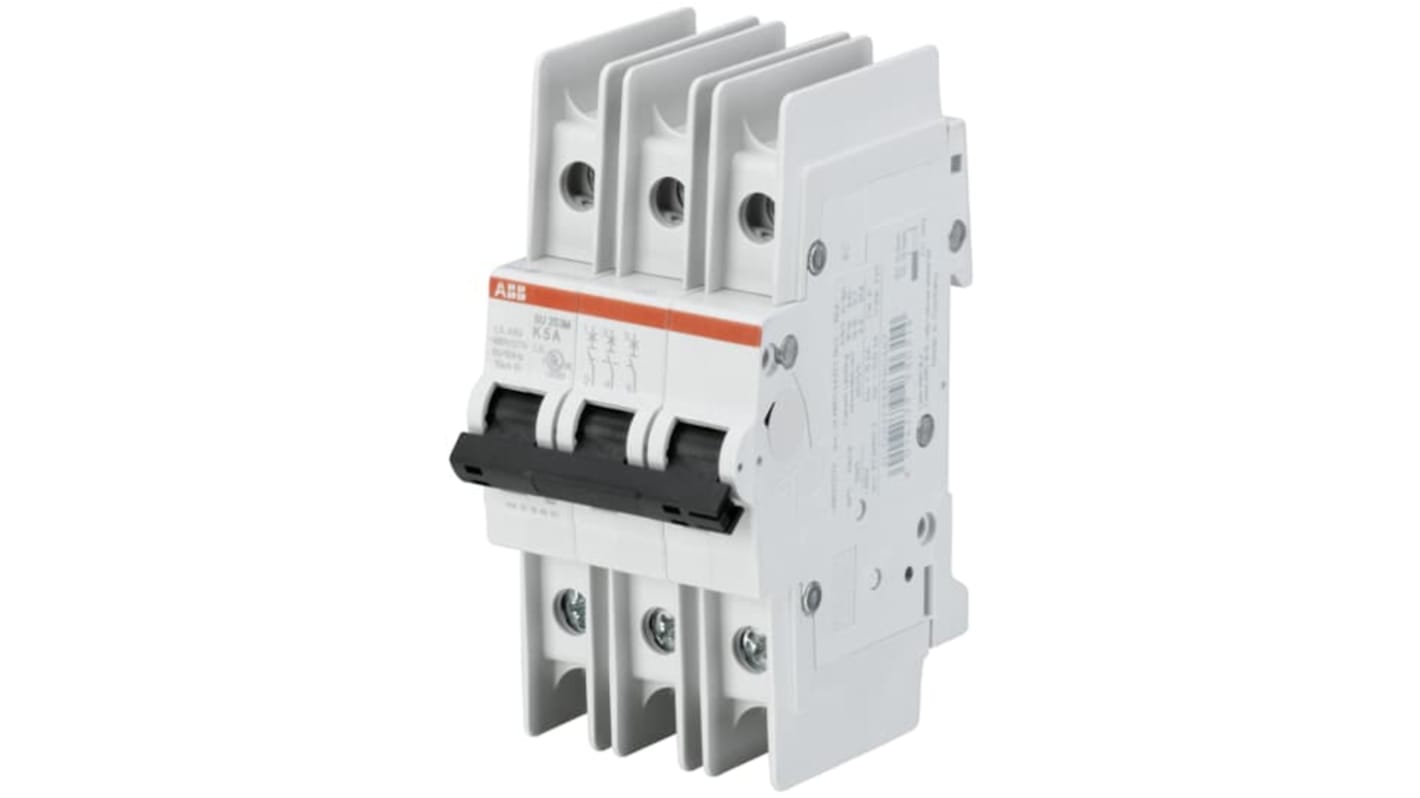 Interruttore magnetotermico ABB SU203M-C2, 3 poli, 2 A, montaggio su guida DIN, grado di protezione IP20, capacità di interruzione 15 kA.