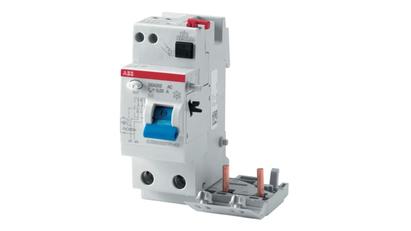 RCD ABB DDA202, 2 poli, 25A, sensibilità 30mA, montaggio su guida DIN, protezione contro correnti alternate, tensione 230V.