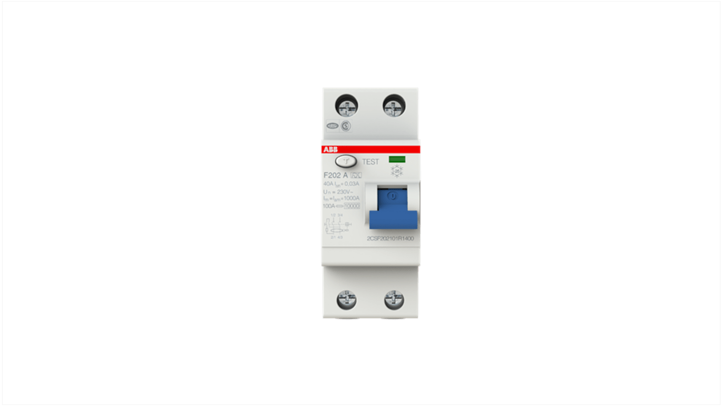 Interruttore differenziale ABB F202 A-40/0.03, 2 poli, 40A, 30mA, montaggio su guida DIN, tensione 230V.