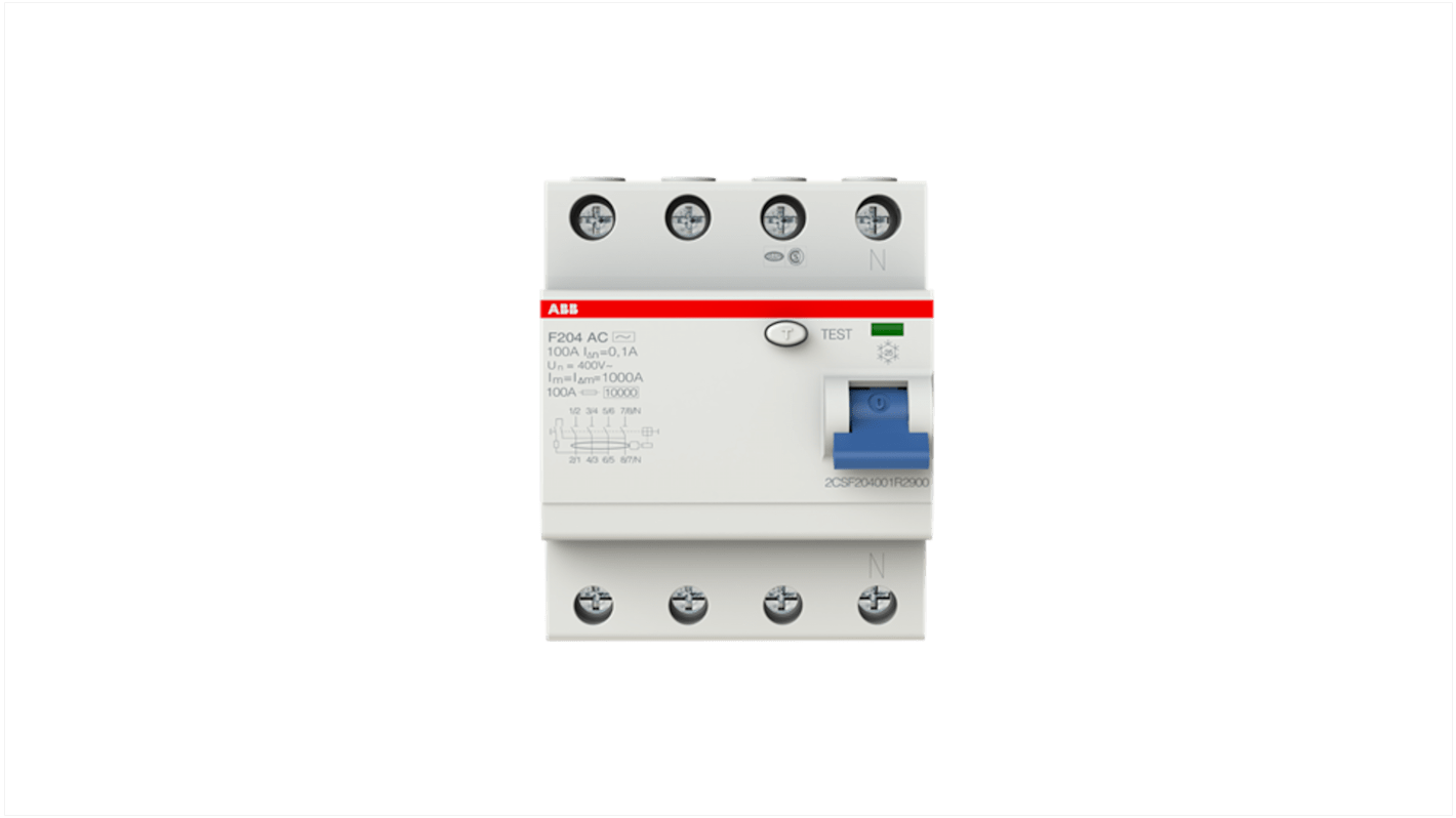 Interruttore differenziale ABB F200, 4 poli, 100A, montaggio su guida DIN, sensibilità 100mA, tensione 400V.