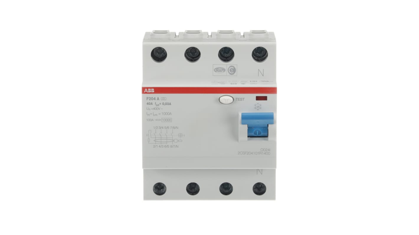 Interruttore differenziale ABB 4 poli, 40A, 30mA, montaggio su guida DIN, dimensioni 69 x 70 x 85mm, standard CE.